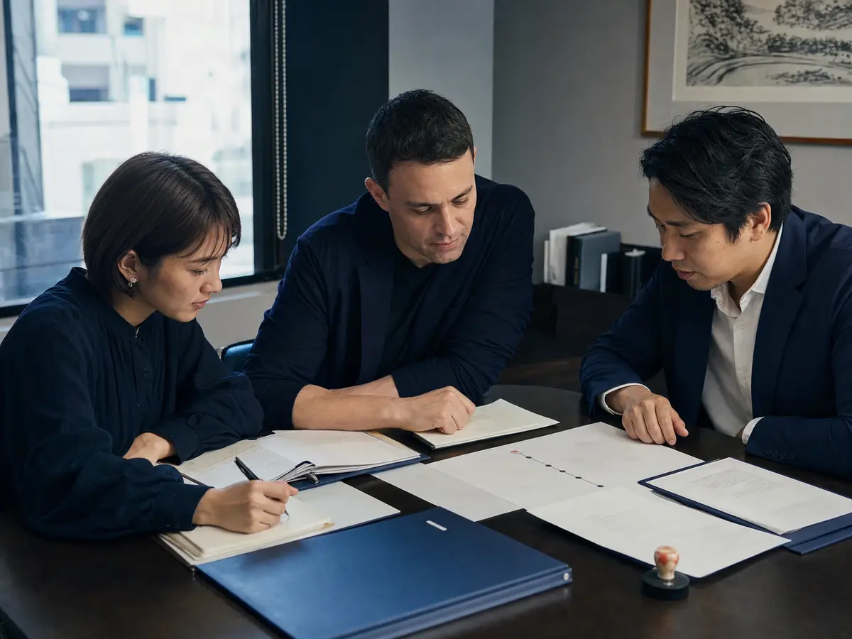 A founder and advisers reviewing incorporation documents in Japan