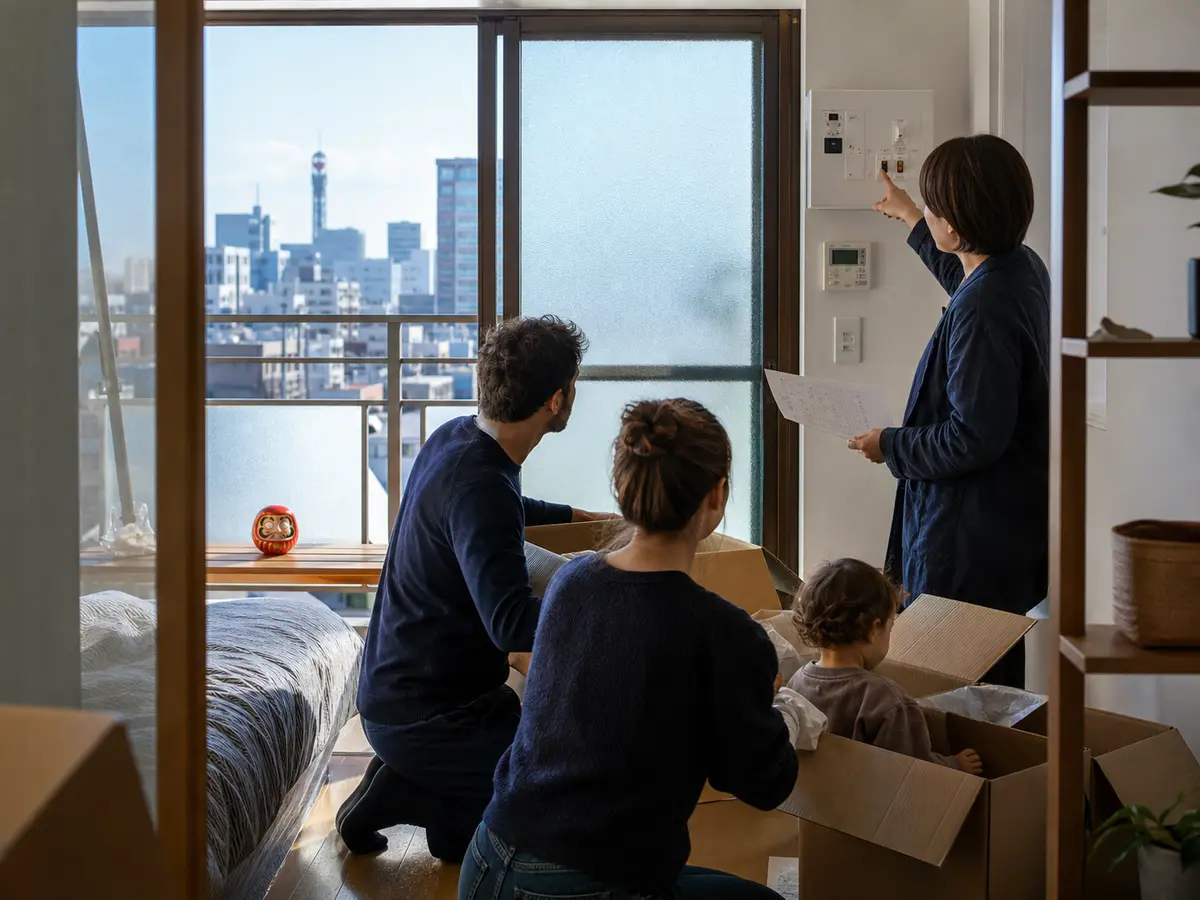 A family getting settled in a Japanese apartment with local support